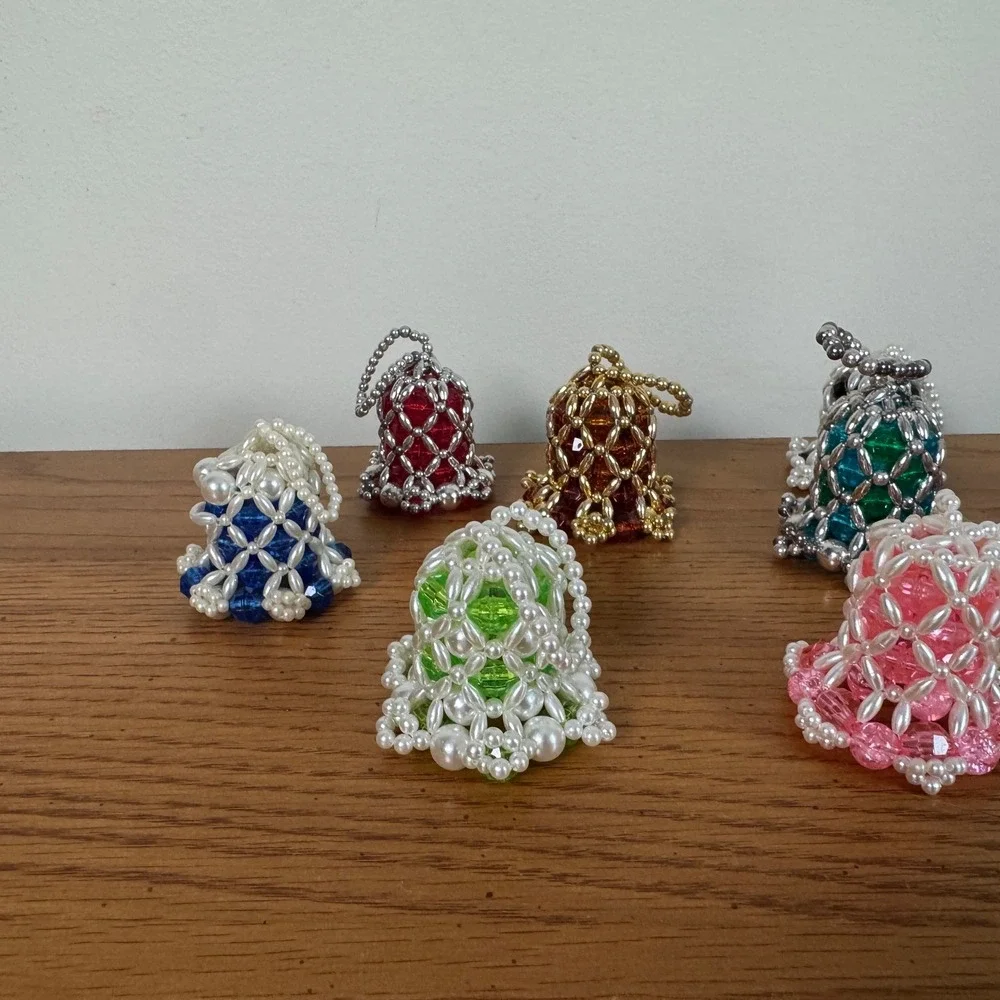 Vintage Lot of 10 Handmade Beaded Bell Christmas Ornaments Faux Pearl‎ MCM Retro